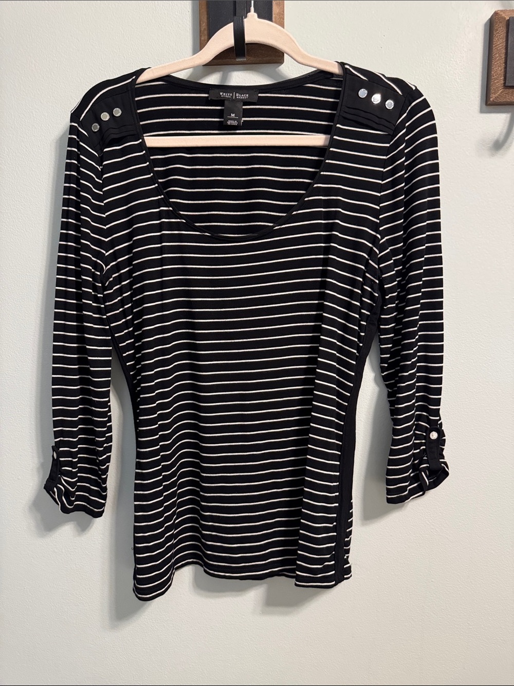 White House Black Market Black & White Striped Scoop Neck Top